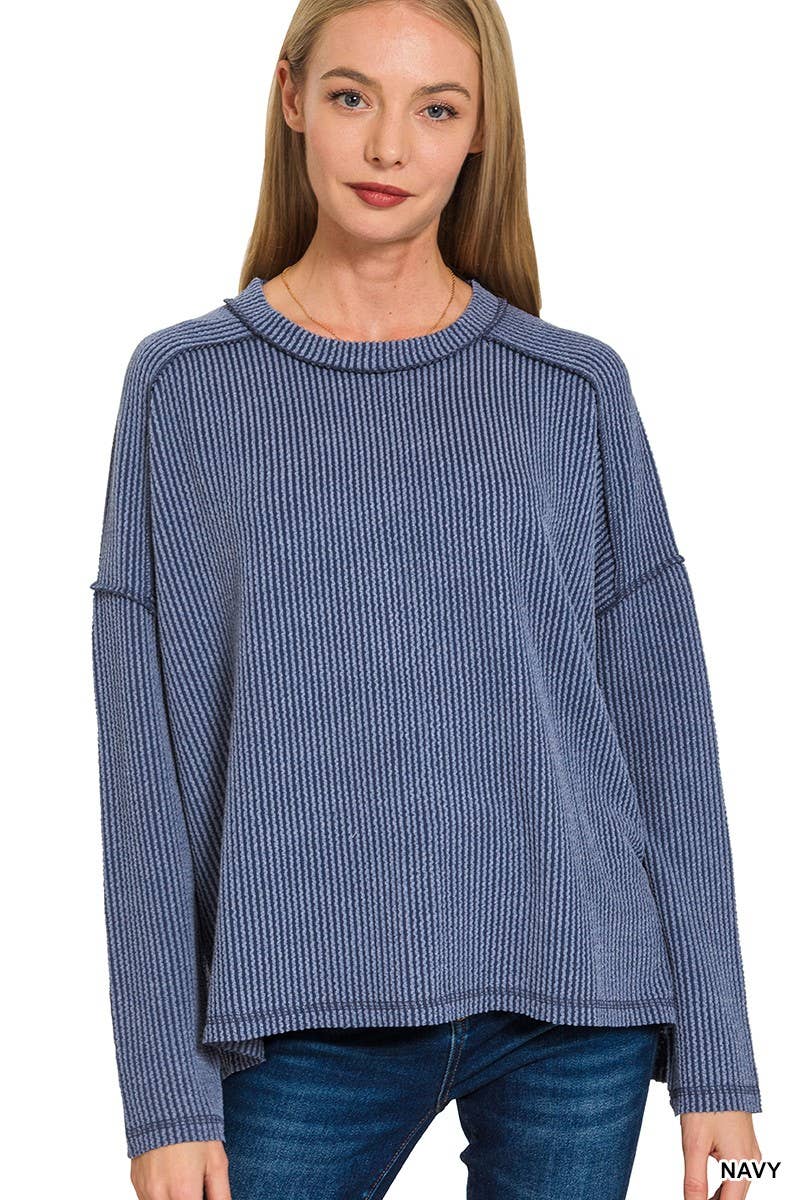 Raised Rib Raw Edge Boat Neck Long Sleeve Top