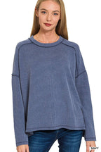 Raised Rib Raw Edge Boat Neck Long Sleeve Top