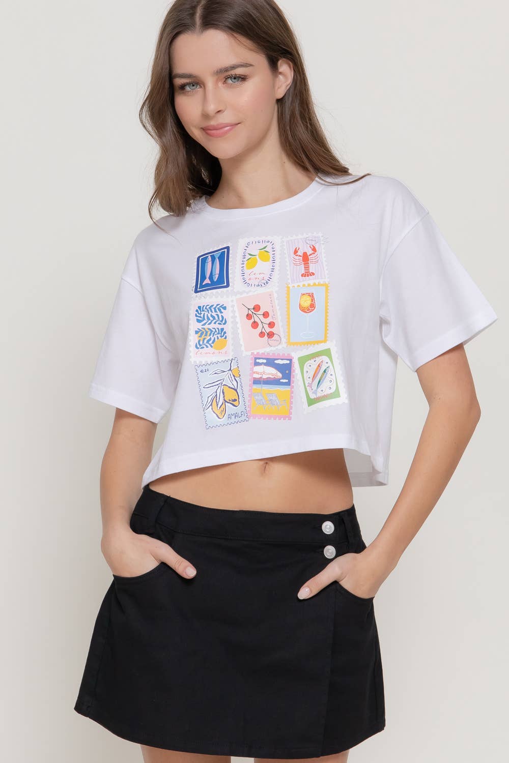 Short Sleeve Round Neck Print Knit Crop Top