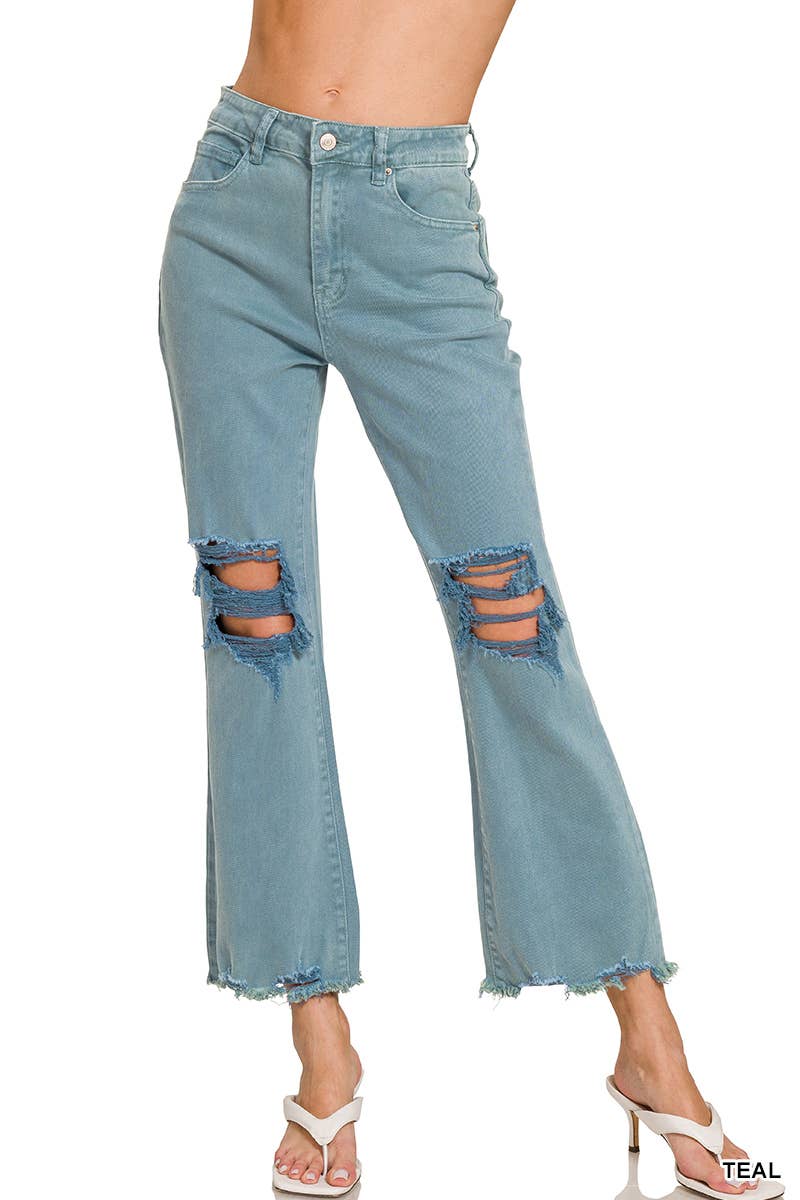 `Acid Wash High Waist Distressed Straight Leg Pants