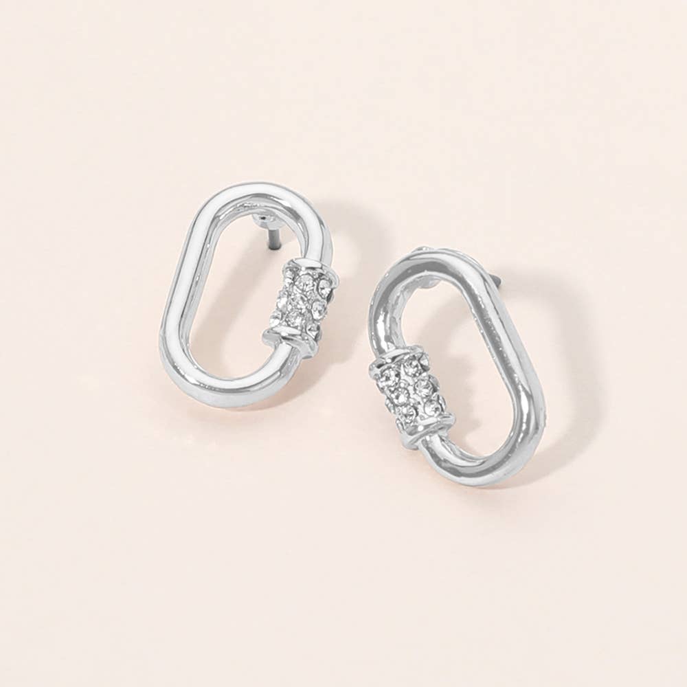 Rhinestone Pave Oval Carabiner Shape Stud Earrings