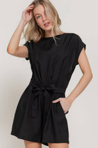 Short Sleeve Back Button Closure Detail Woven Romper