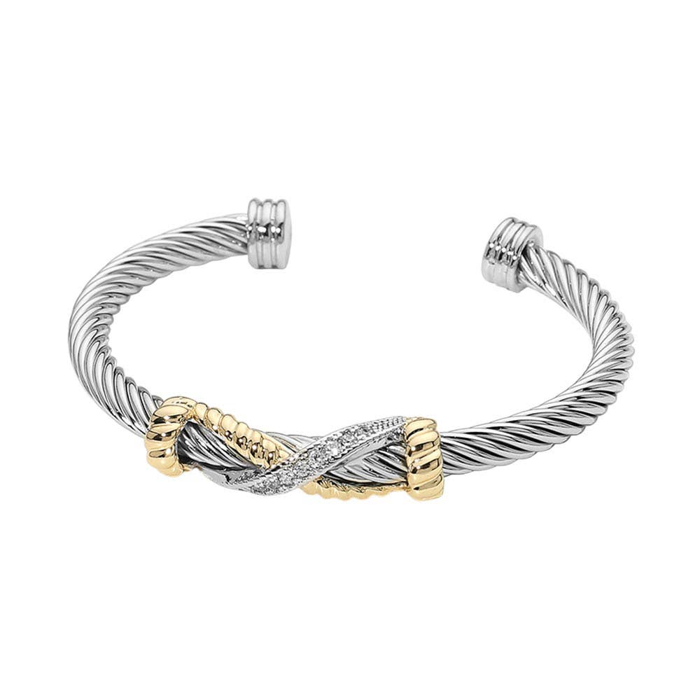 14K Gold Plated Two Tone CZ Pave Infinity Accent Twisted Cuff Bracelet