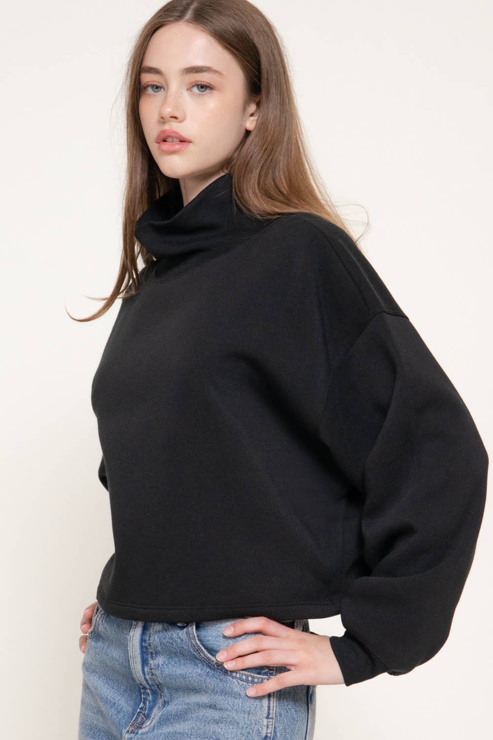 Long Sleeve Ribbed Mock Neck Inner Brushed Sweatshirt