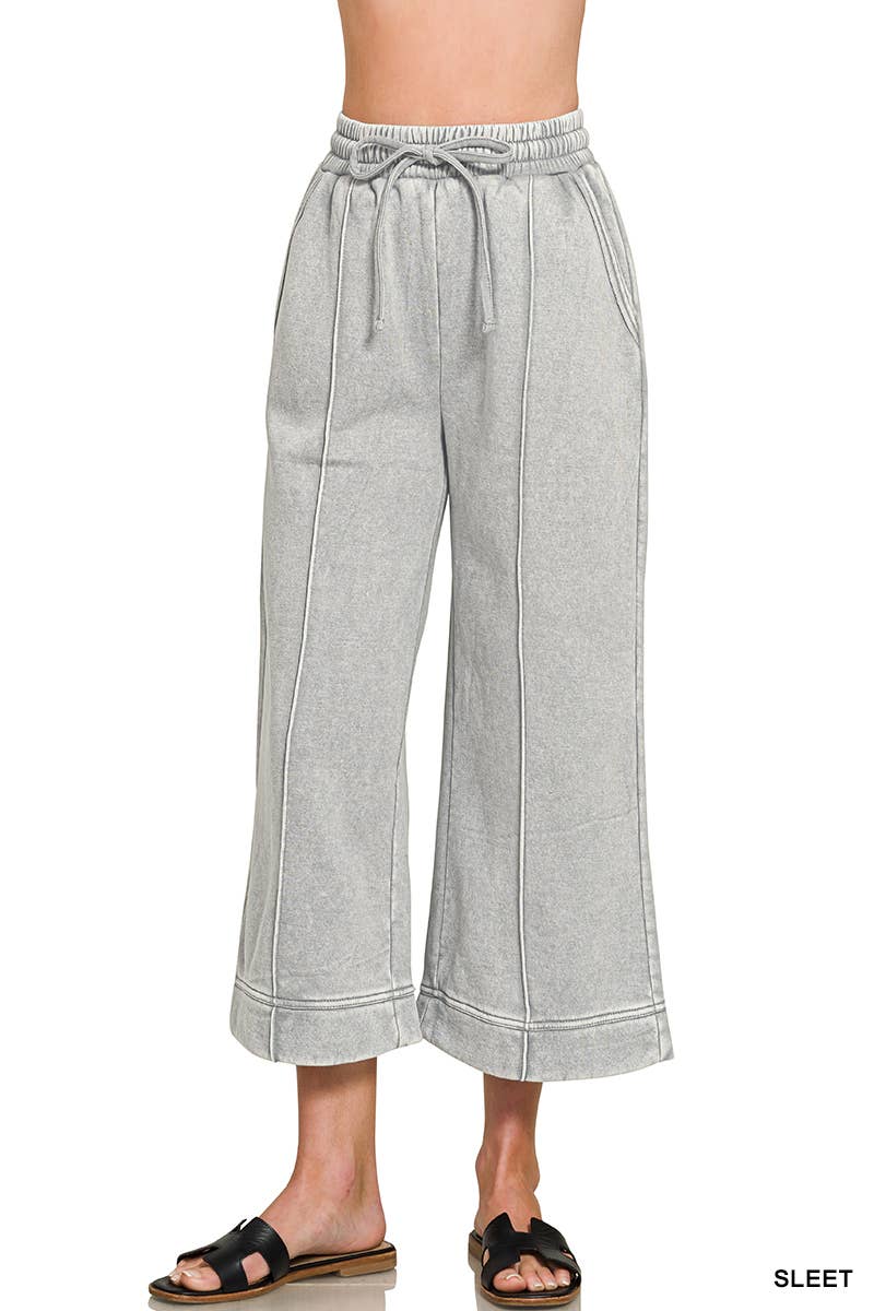 Acid Washed Fleece Pintuck Wide Leg Cropped Pants w/ Pockets