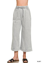 Acid Washed Fleece Pintuck Wide Leg Cropped Pants w/ Pockets