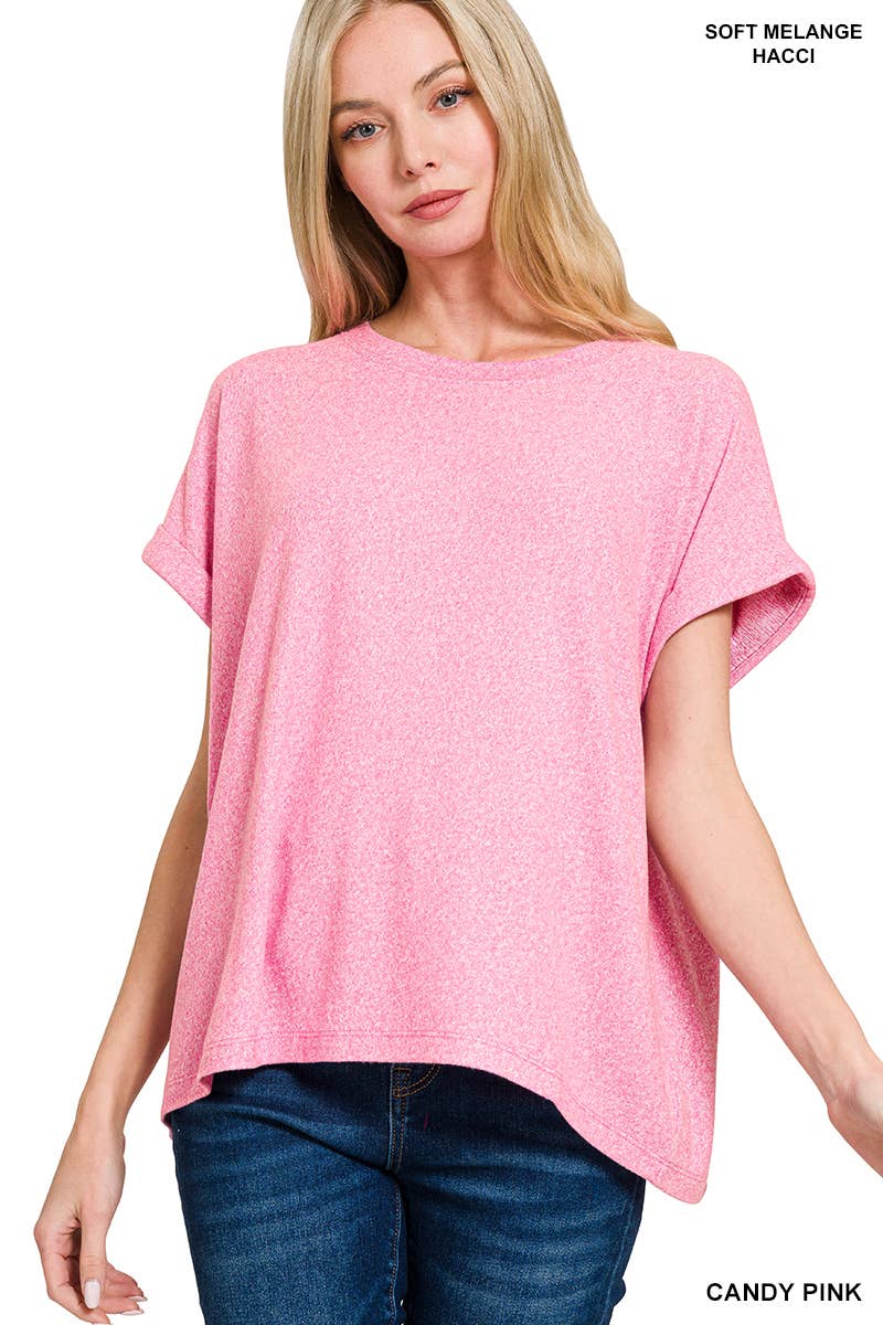 Soft Melange Folded Sleeve Round Neck Top - Zenana