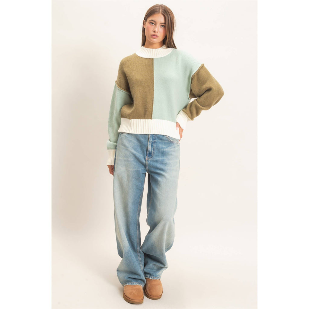 Color Block Mock Neck Sweater