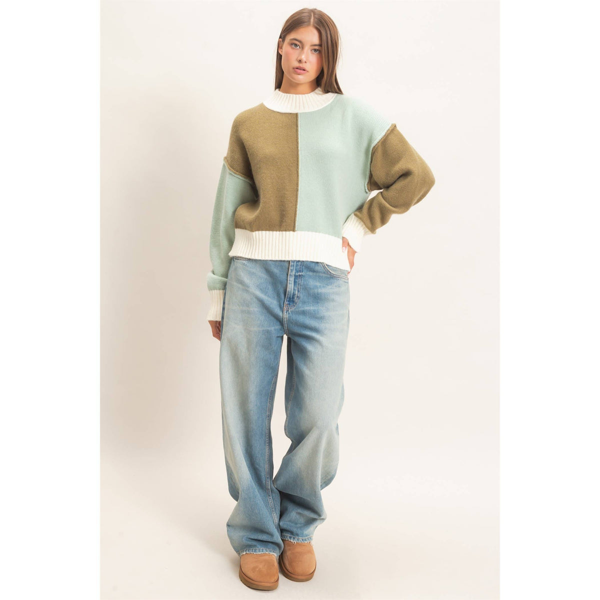 Color Block Mock Neck Sweater