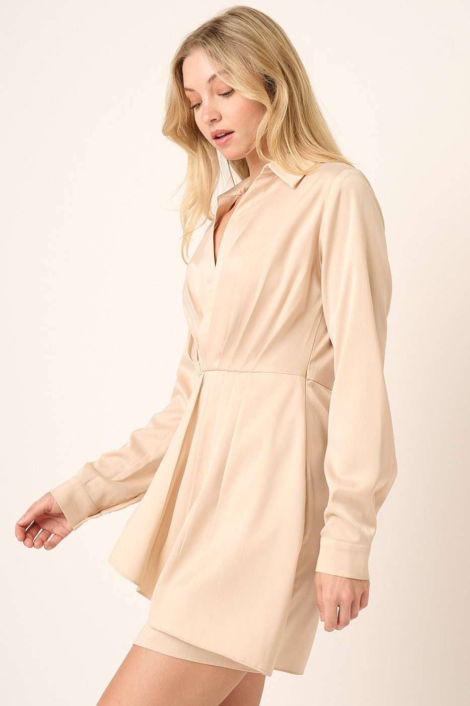 SATIN PLEAT DETAIL SHIRT DRESS