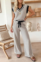 Stylish Knit V Neck Tank and Wide Leg Pants Set (S-XL)