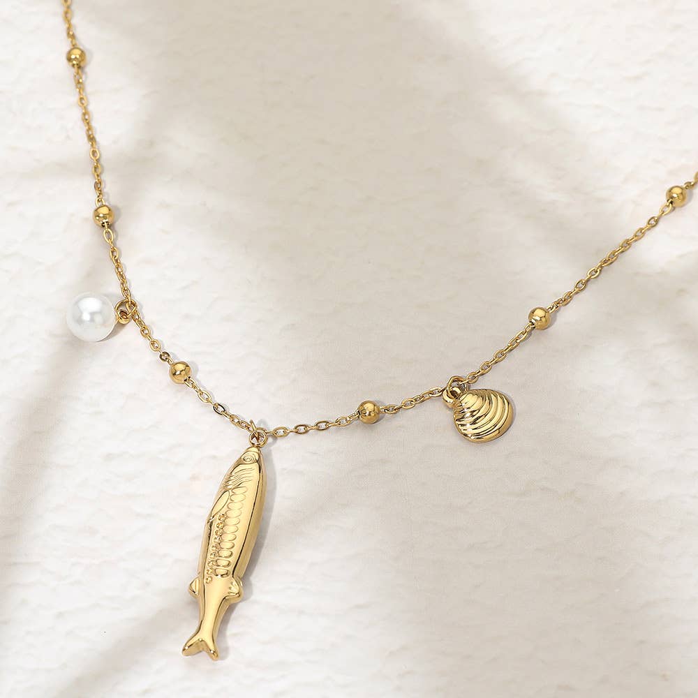 Stainless Steel Fish Pearl Shell Charm Station Necklace