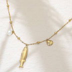 Stainless Steel Fish Pearl Shell Charm Station Necklace