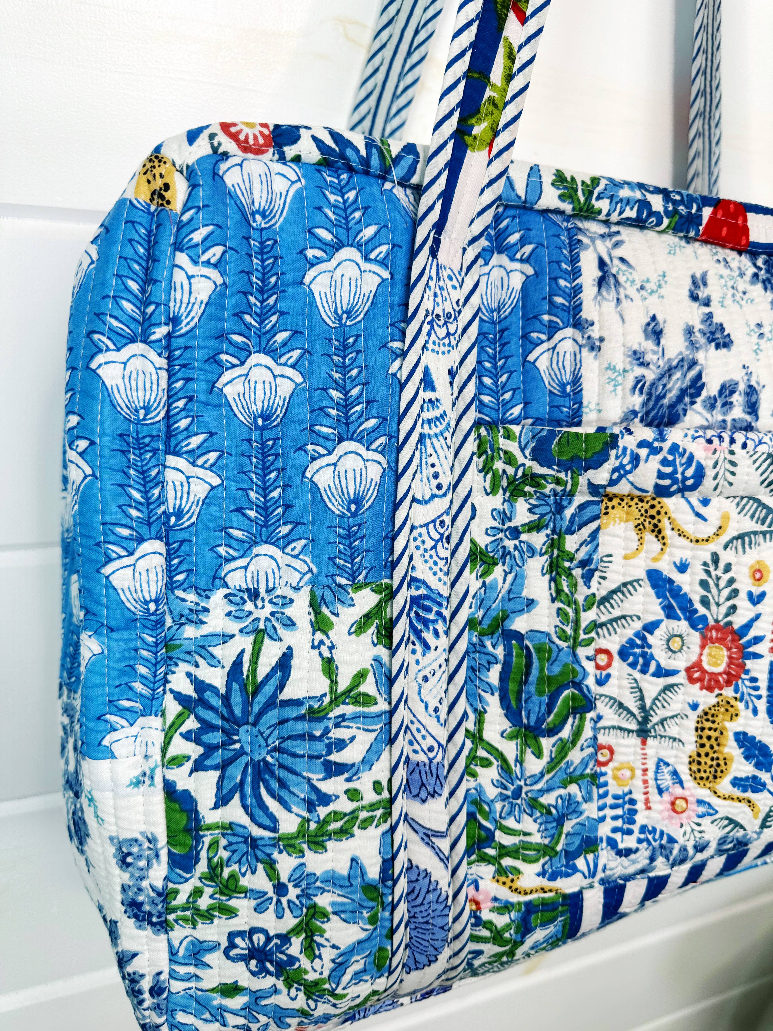 Blue Patchwork Quilted Duffle Weekender Travel Bag