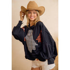 OVERSIZED PLAID GHOST APPLIQUE HALLOWEEN SWEATSHIRT