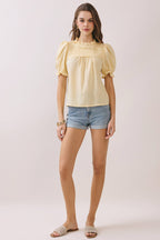 CT9787-Pleated Yoke Detail Ruffled Neckline Blouse