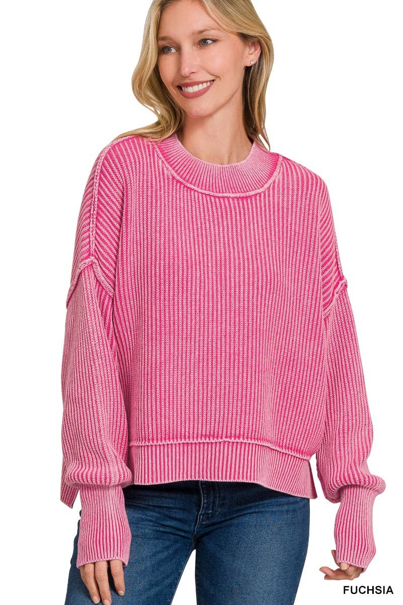 Washed Side Slit Oversized Cropped Sweater