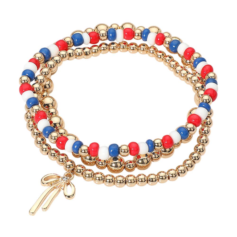 3PCS - Bow Charm Patriotic Beads Metal Ball Beaded Stretch Multi Layered Bracelets