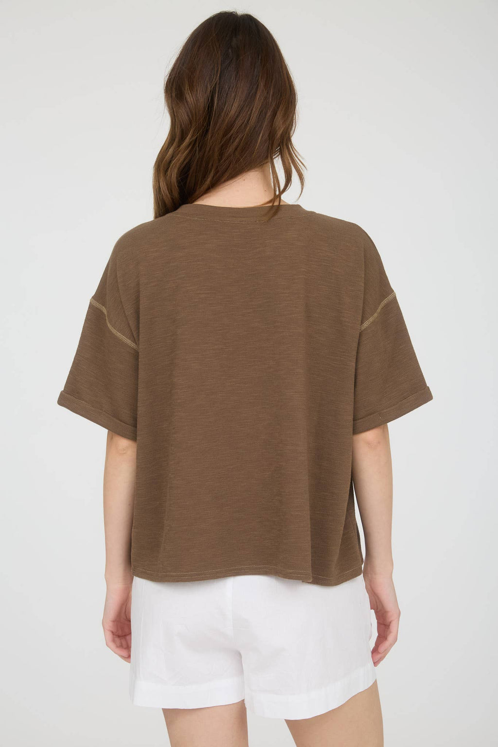 CONTRAST STITCH DROP SHOULDER CUFF SLEEVE KNIT TOP