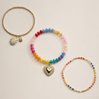 Beaded Heart Charm Stretch Bracelet Set | 3-Piece Layered Stack with Gold Accents