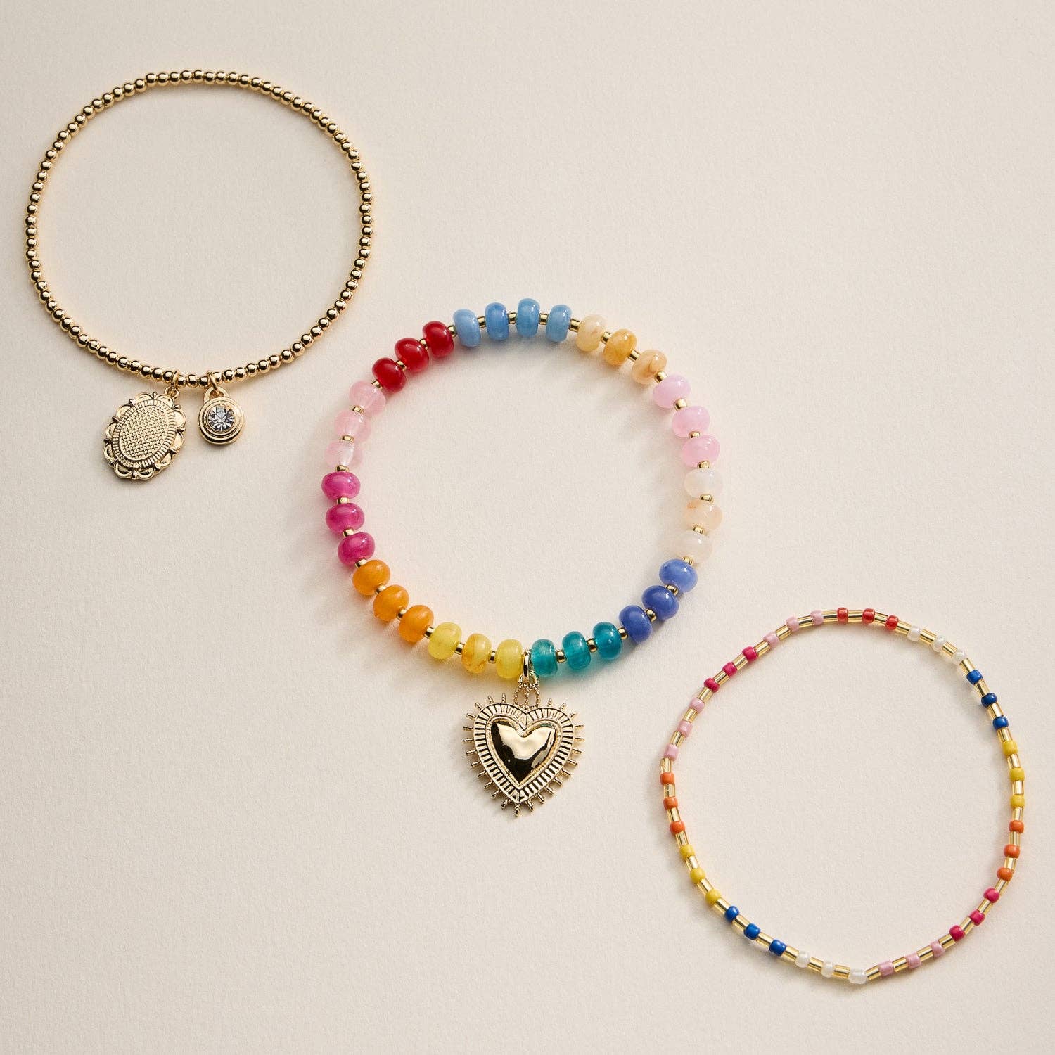 Beaded Heart Charm Stretch Bracelet Set | 3-Piece Layered Stack with Gold Accents