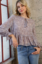 22091T - Chiffon Clip Dot Jacquard Peplum Tie Front Blouse