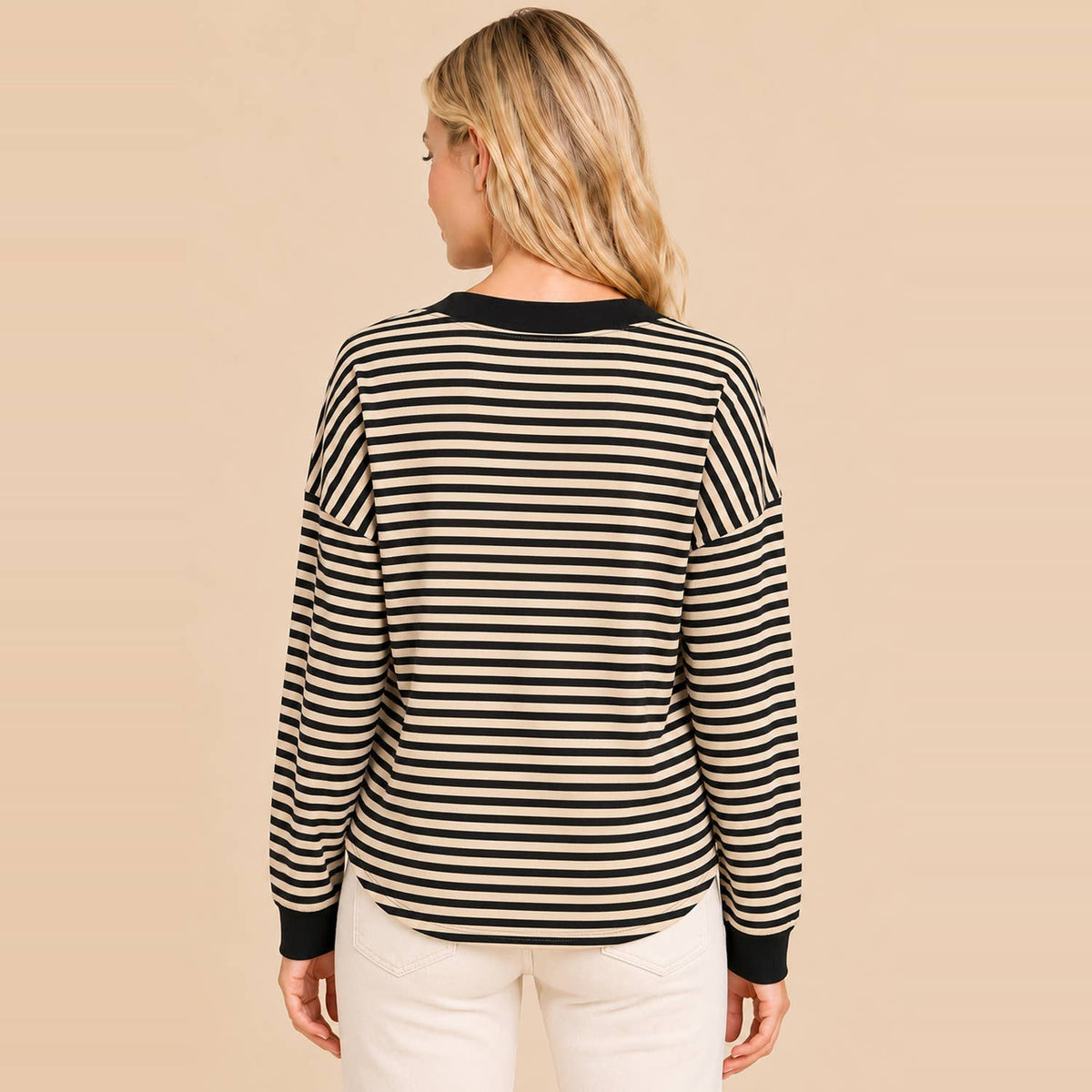 Striped Contrast-Trim Long-Sleeve Top