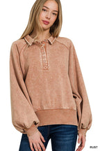 Acid Wash Fleece Button Up Collared Pullover
