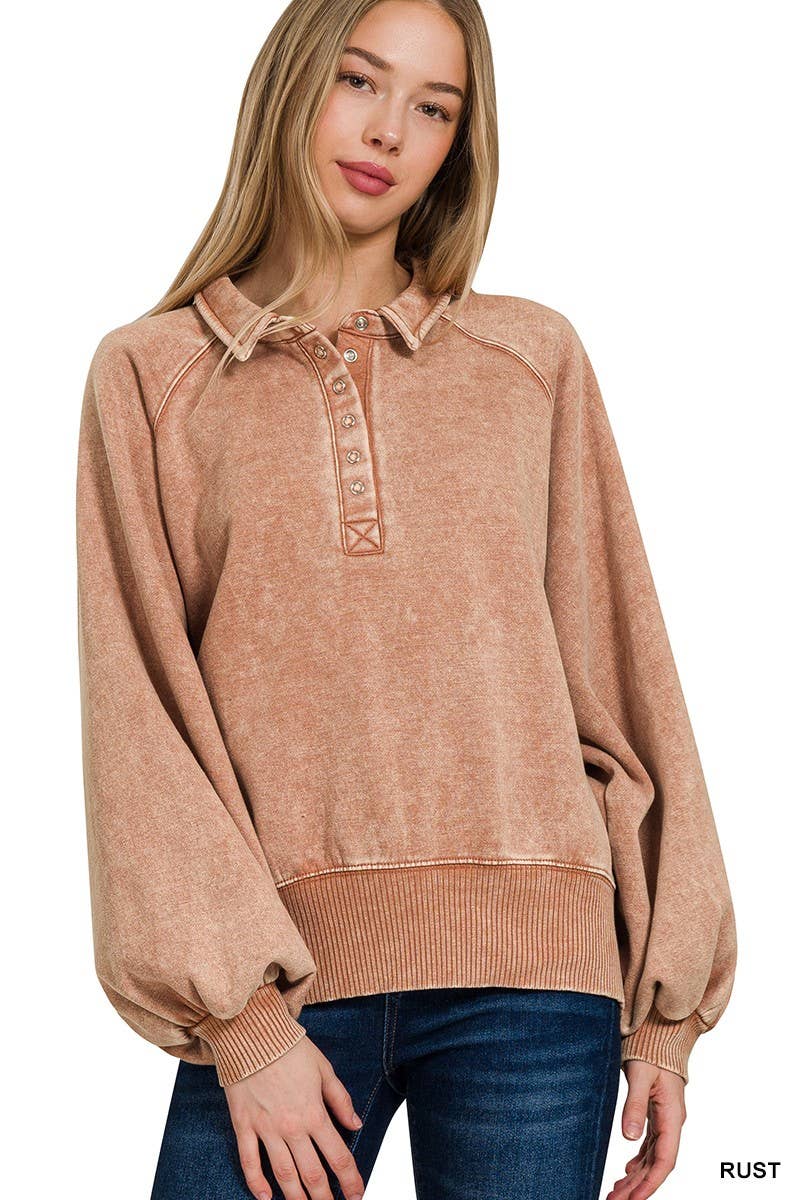 Acid Wash Fleece Button Up Collared Pullover