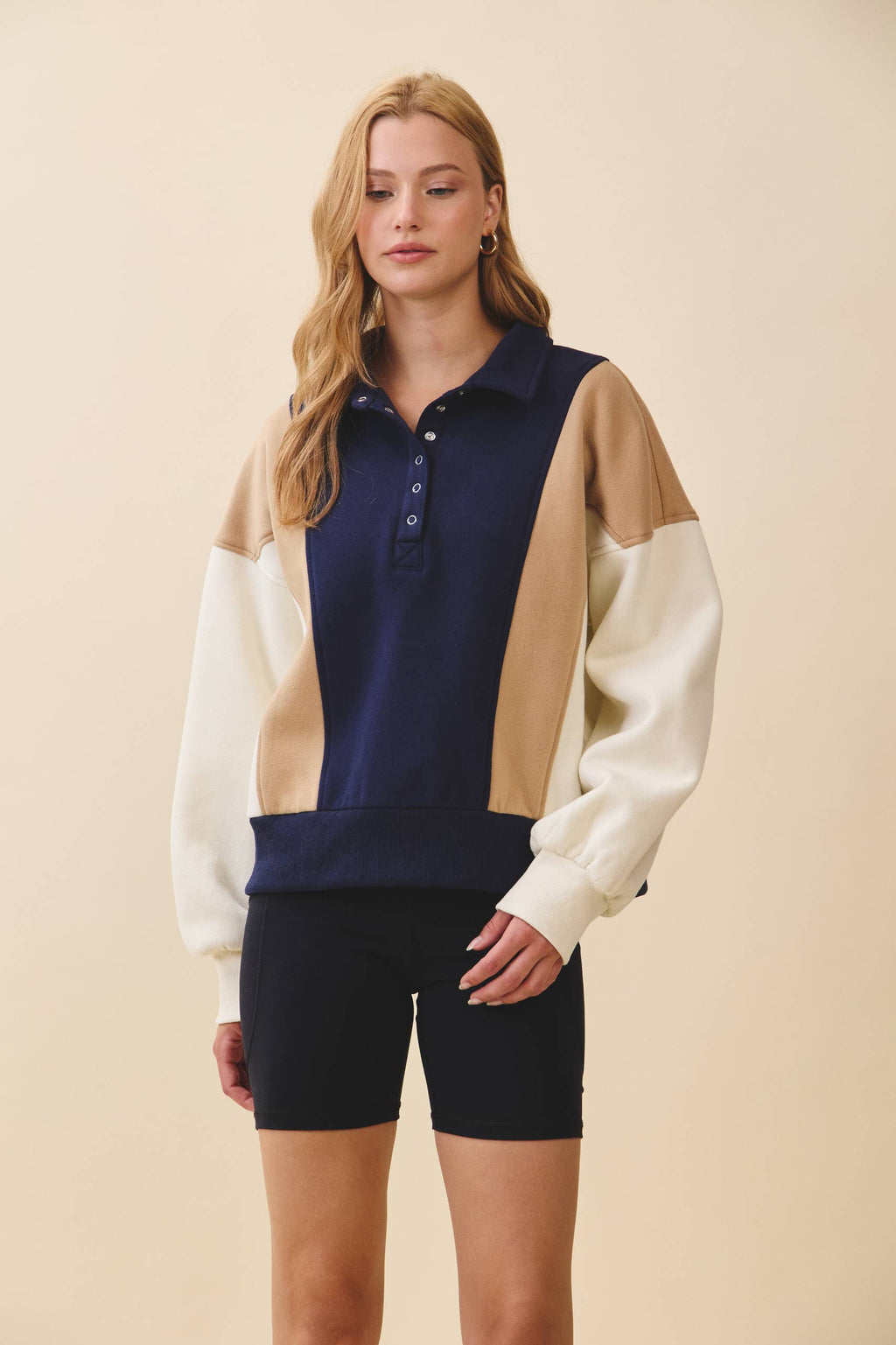 9161HK Collared Colorblock Henley Pullover Sweatshirt