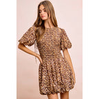 LEOPARD BOW TIE ATTACHABLE PUFF SLEEVES DRESS