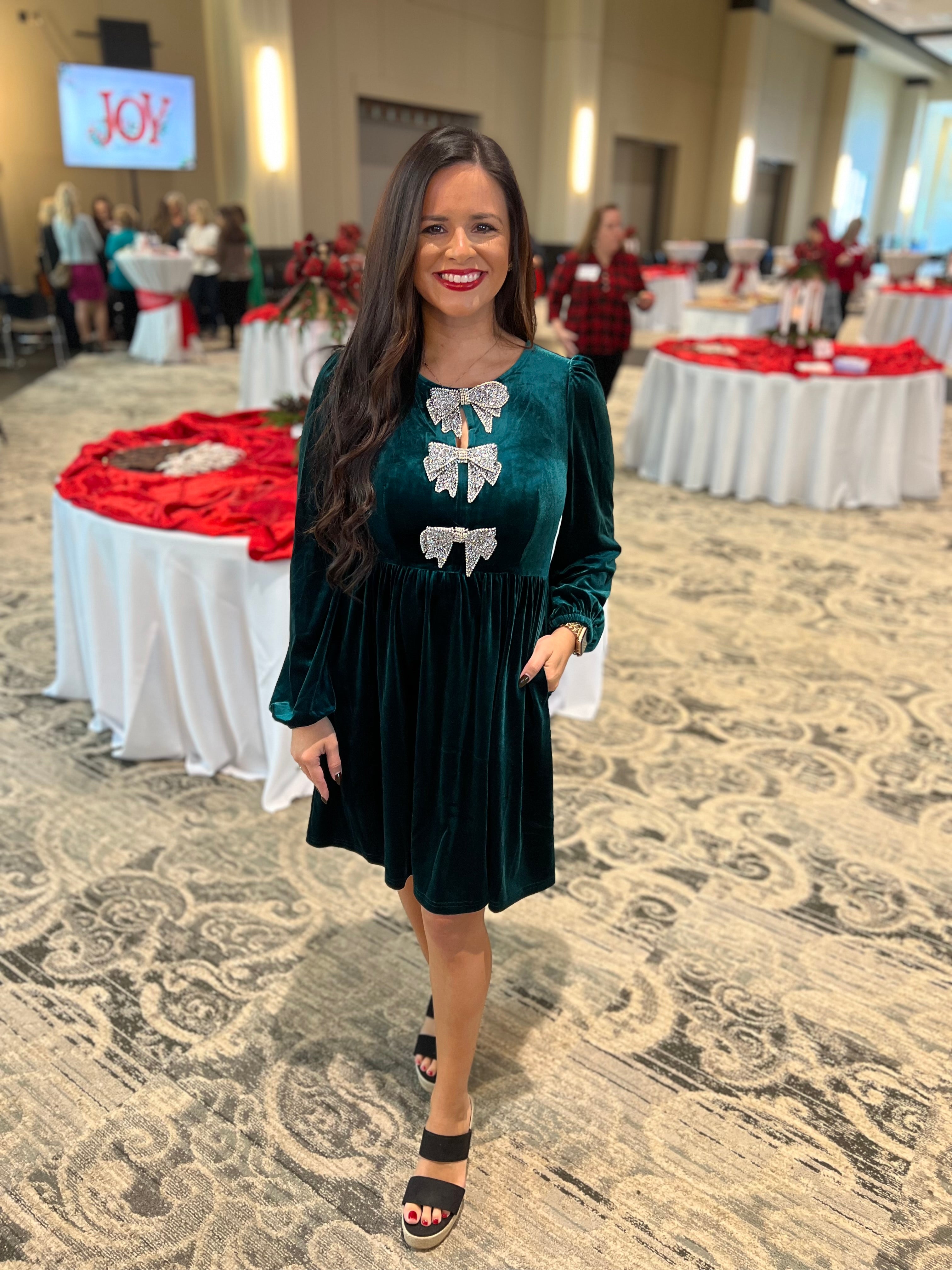 Christmas Velvet Rhinestone Bow Dress