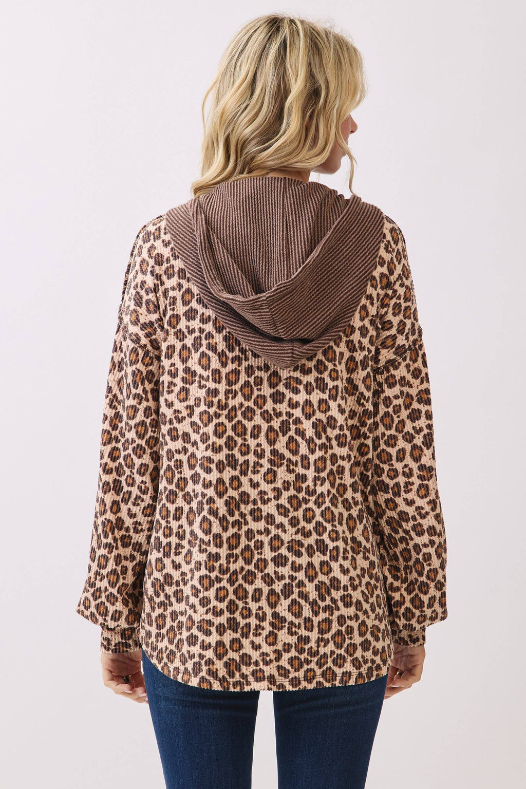 Leopard Button Front Drawstring Hooded Sweatshirt