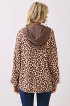 Leopard Button Front Drawstring Hooded Sweatshirt