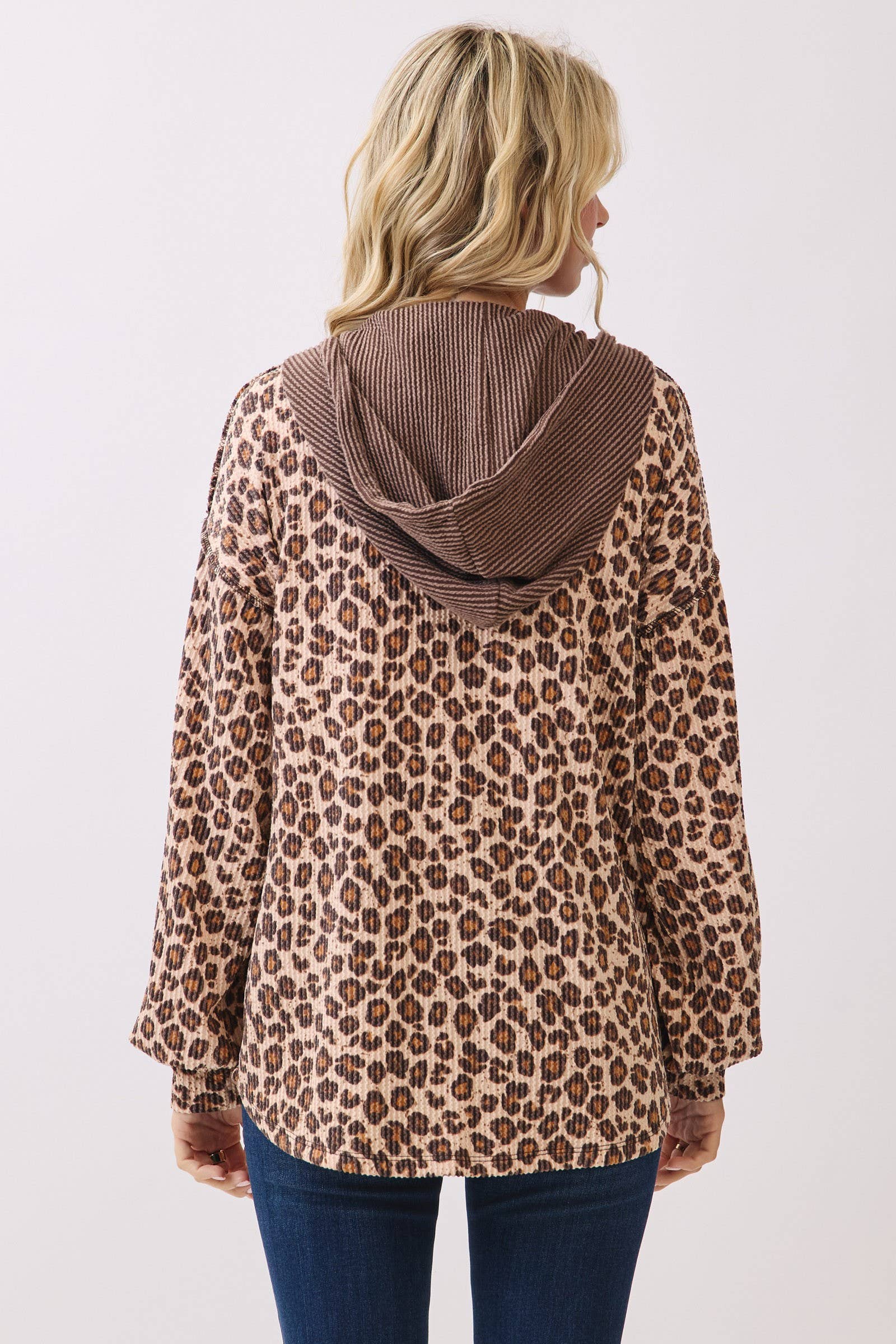 Leopard Button Front Drawstring Hooded Sweatshirt