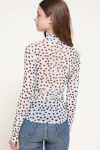Long Sleeve High Neck Ruched Dot Print Mesh Top