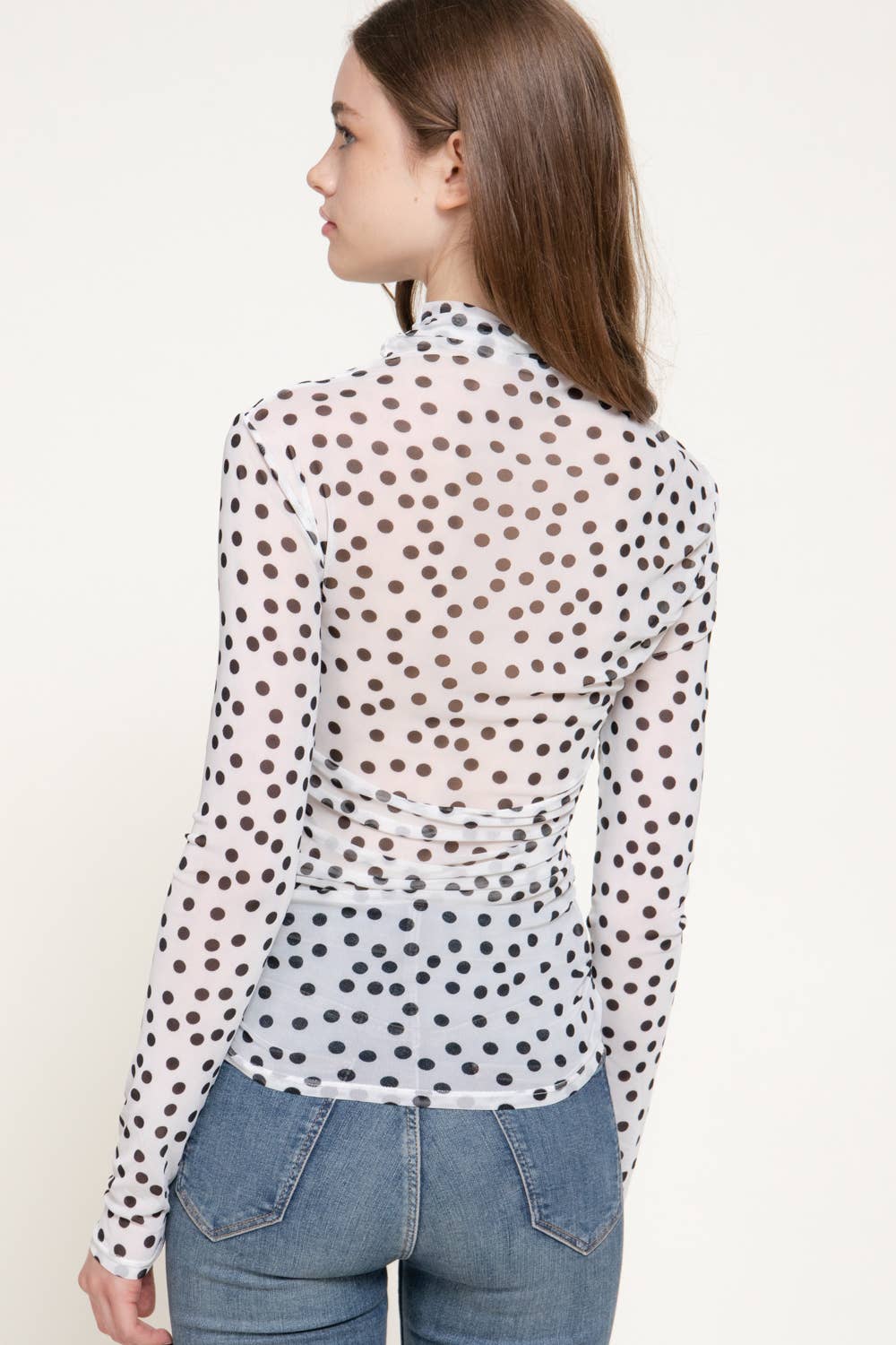 Long Sleeve High Neck Ruched Dot Print Mesh Top