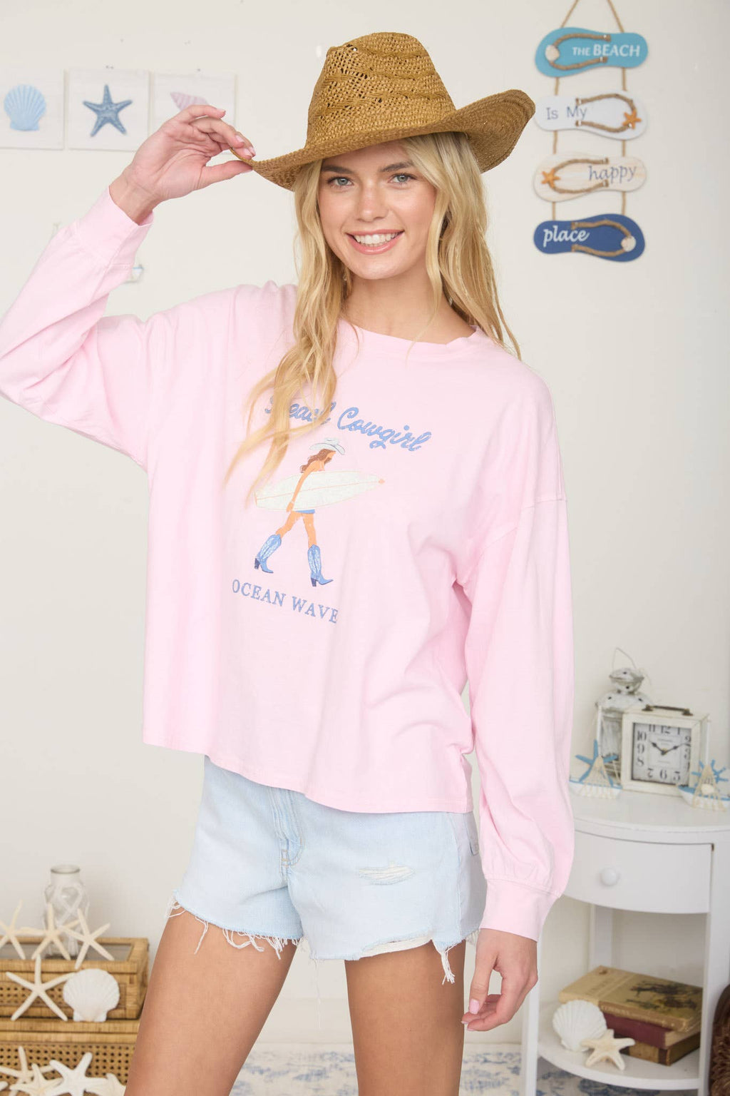 BEACH COWGIRL LONG SLEEVE KNIT TOP: LIGHT PINK