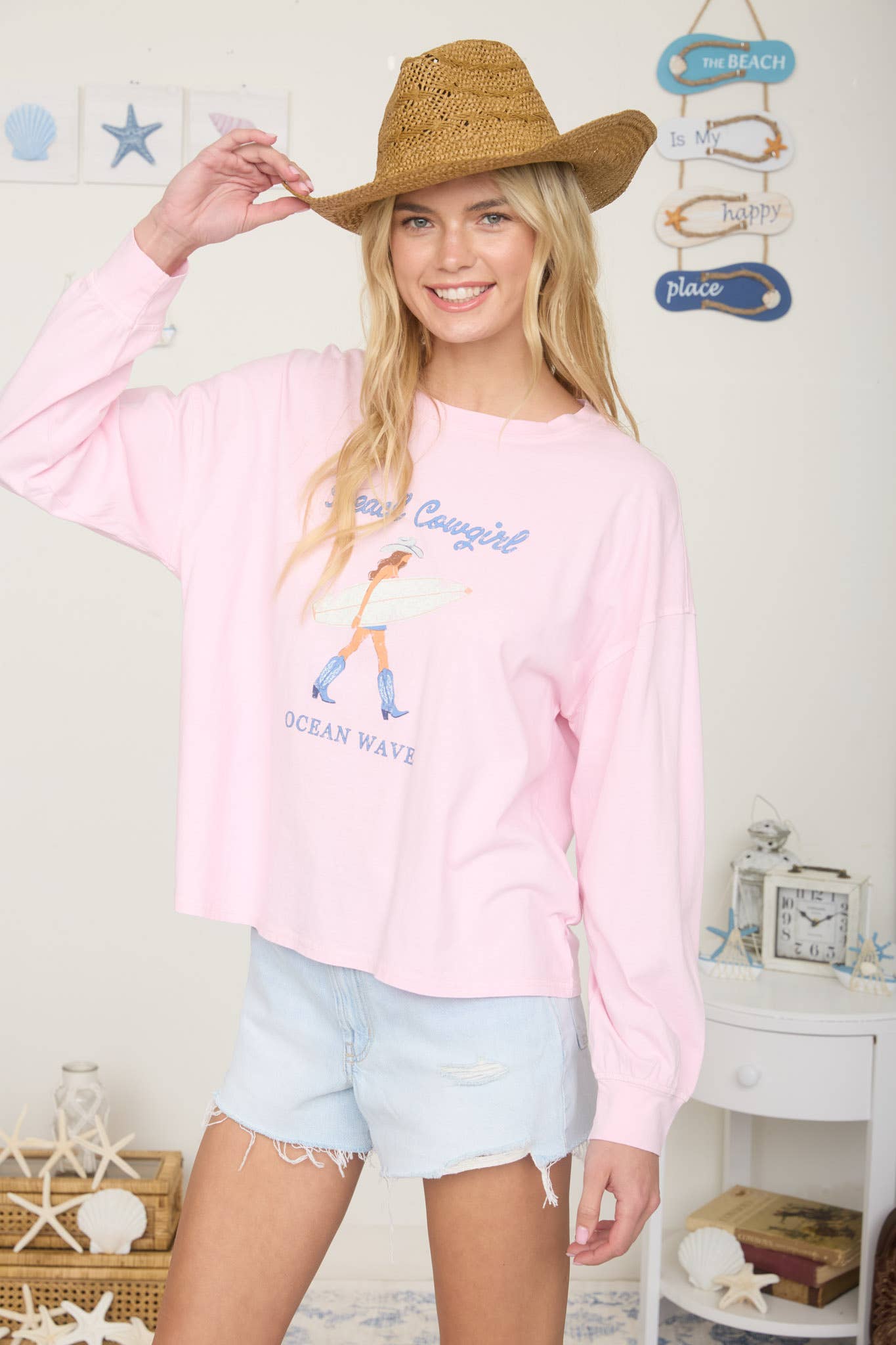 BEACH COWGIRL LONG SLEEVE KNIT TOP: LIGHT PINK