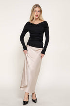 Long Sleeve Wrap Neckline Draped Detail Straight Knit Top