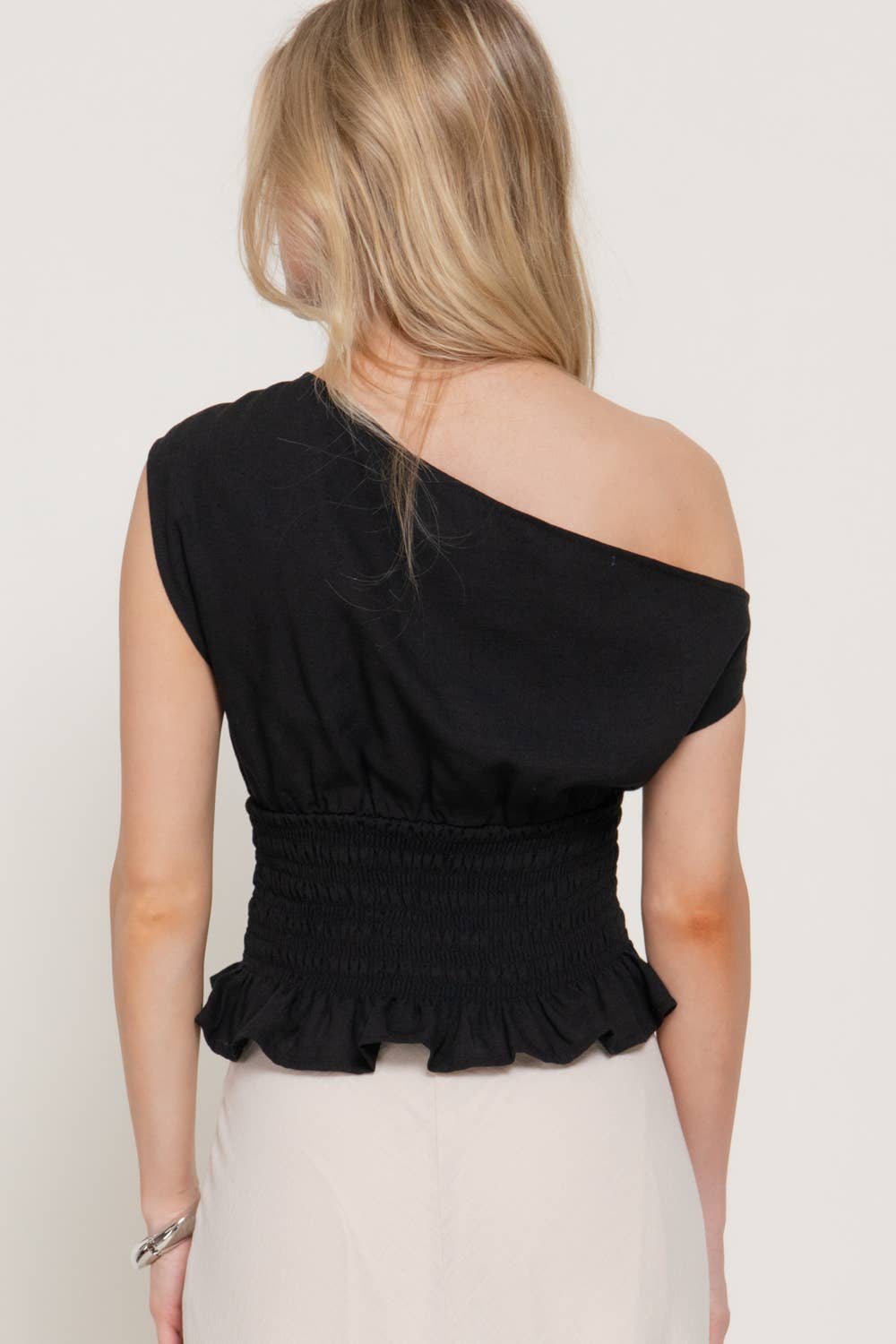 Asymmetrical Off The Shoulder Smocking Linen Effect Top