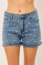 IP3387 Faux pearl-studded Stretch Denim Shorts