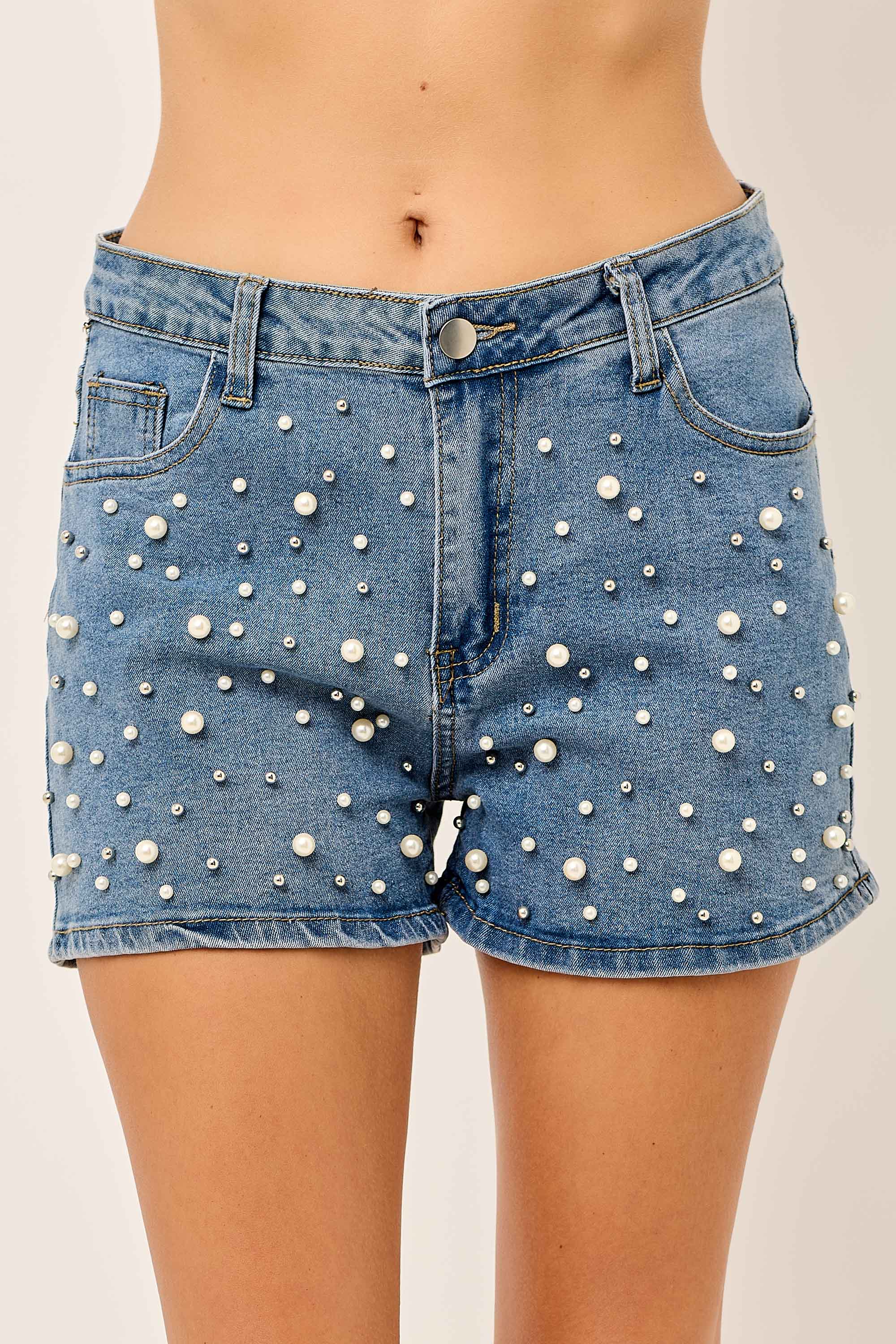 IP3387 Faux pearl-studded Stretch Denim Shorts