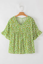 Floral Ruffle Sleeve V-Neck Blouse