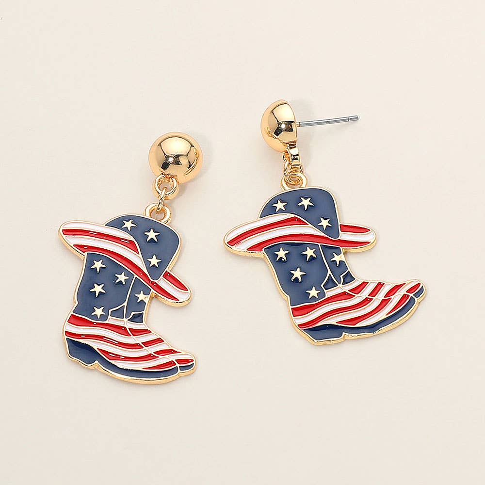 Patriotic American USA Flag Cowboy Boot Charm Drop Dangle Earrings