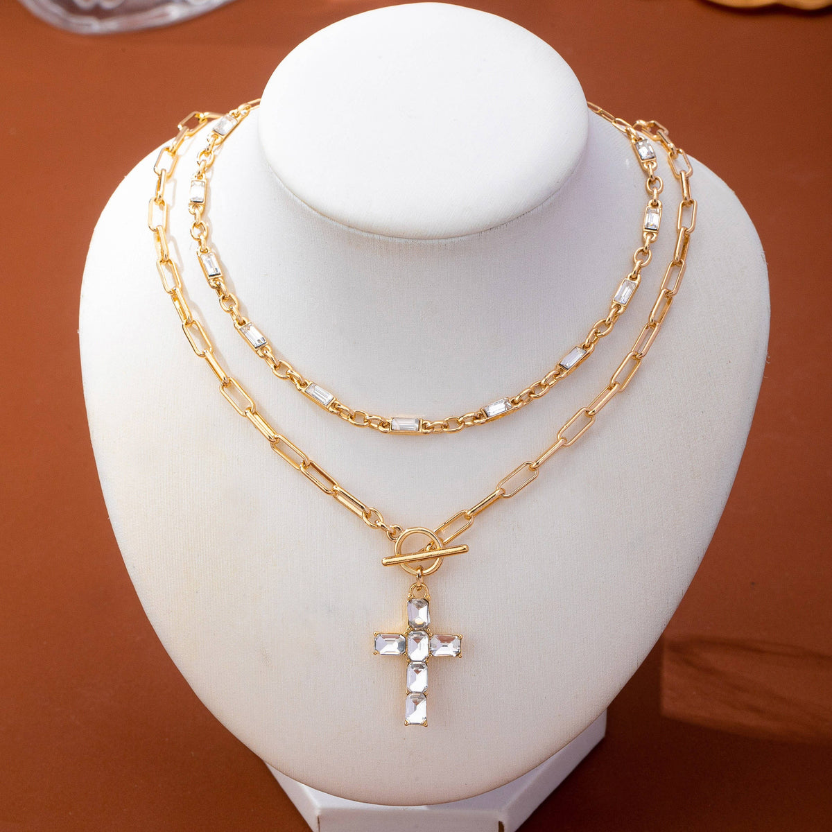 Layered Paperclip Chain Crystal Cross Necklace | 80N93790