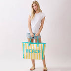BEACH Letter Embroidery Terry Cloth Frayed Striped Shoulder Tote Bag