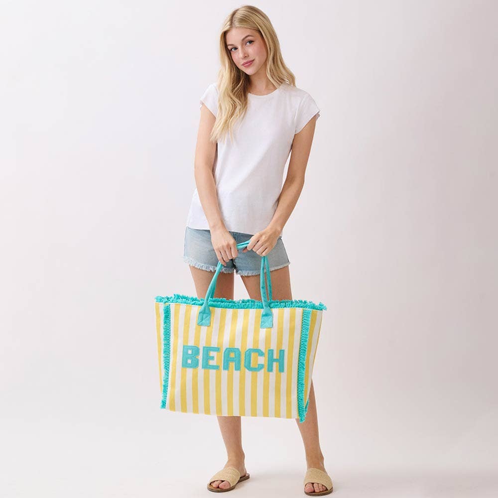 BEACH Letter Embroidery Terry Cloth Frayed Striped Shoulder Tote Bag