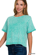 Washed Roll Cuff Short Sleeve Top