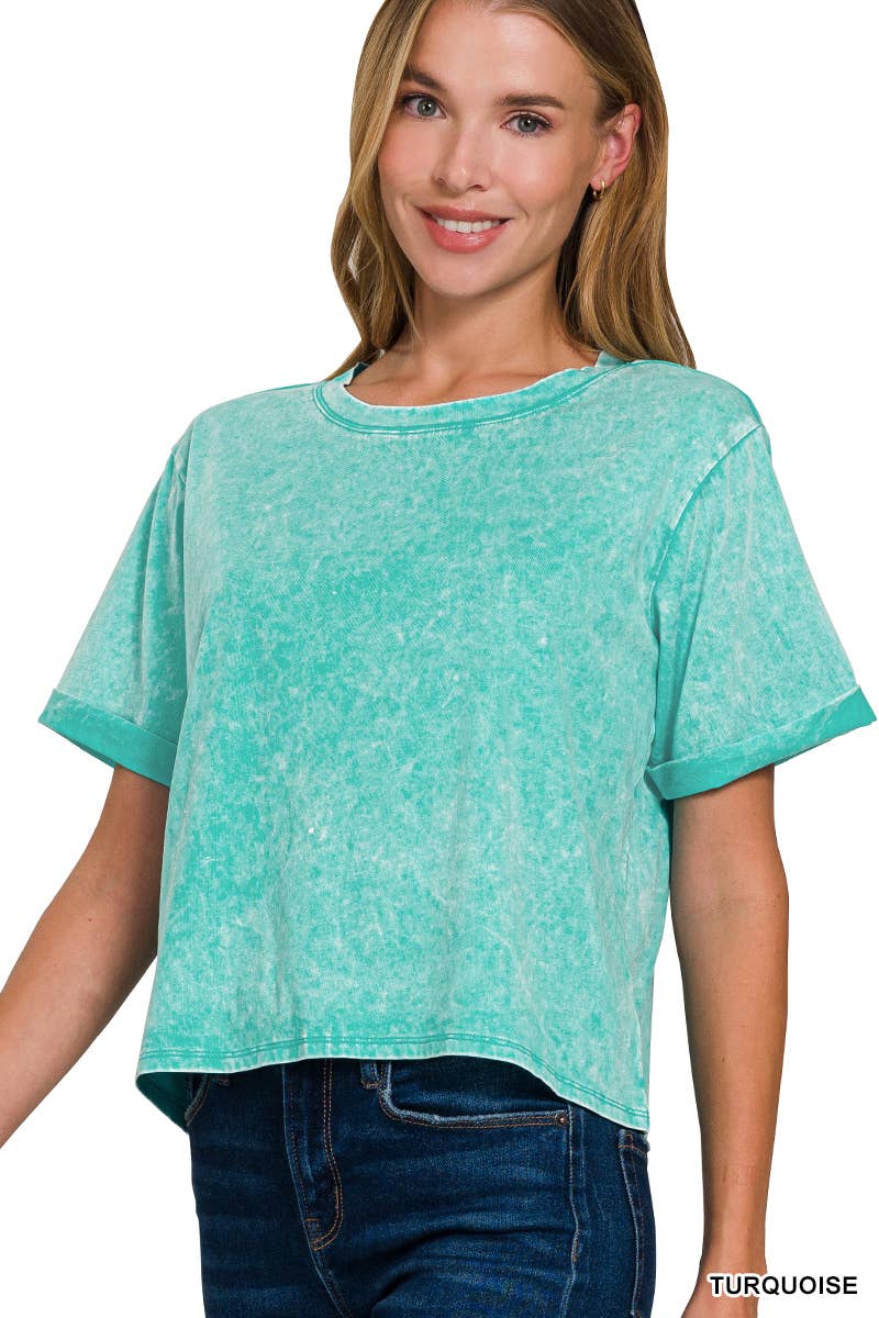 Washed Roll Cuff Short Sleeve Top